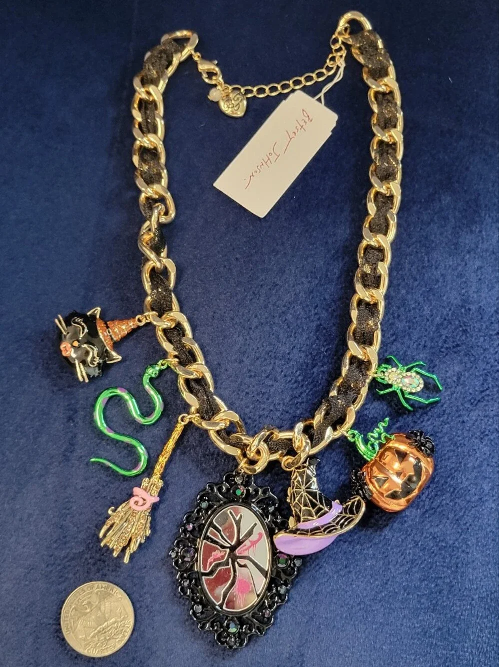 Betsy Johnson Gold-Tone Halloween Charm Necklace with Black and Orange Accents